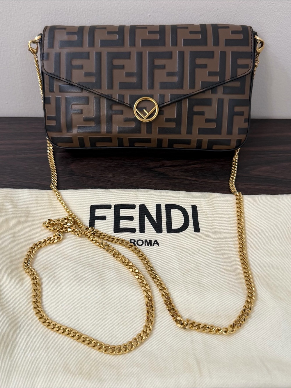 Fendi Wallet on Chain WOC FF Zucca Bicolor Leather Crossbody w/ Dust Bag